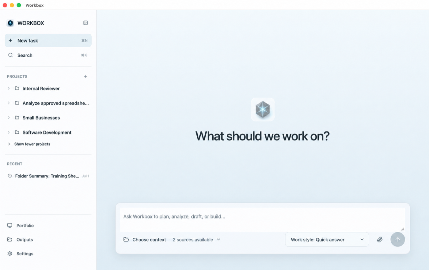 Workbox agent workbench with project navigation and a focused task composer.